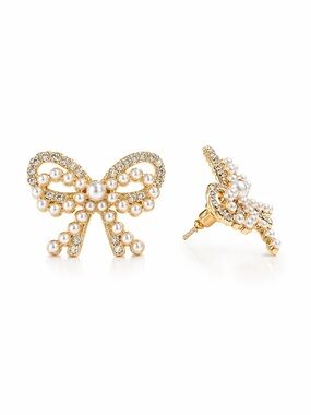 Gold Bow Stud Earrings CZ & Mini Pearl Accents 1" x 1"